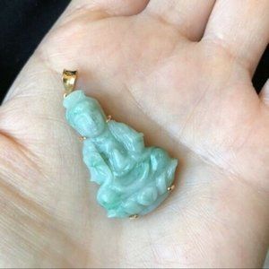 18K Real Gold Jadeite Jade Female Buddha Pendant